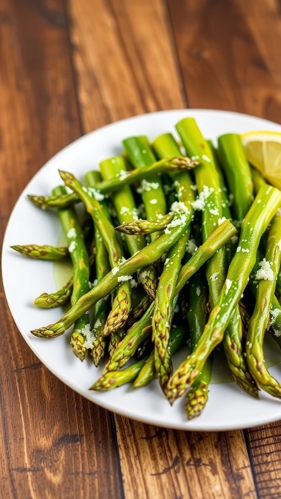 Keto Air Fryer Asparagus Recipe Air-fried asparagus spears garnished with Parmesan cheese and lemon on a rustic table.